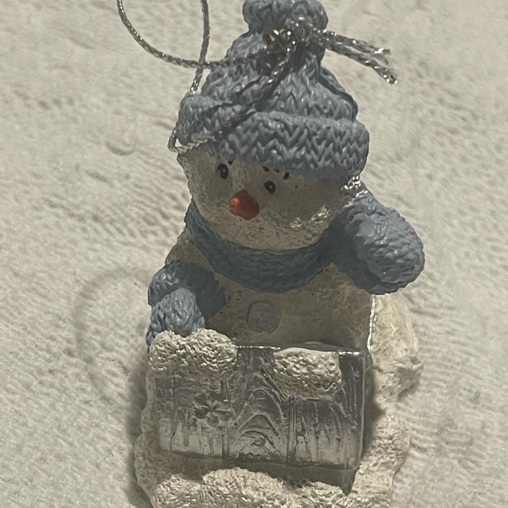 Snowman Ornament with Blue Hat and Scarf Encore Snow Buddies 2.5”’high